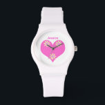 Reloj De Pulsera Corazón rosa y flores amarillas<br><div class="desc">Bonito de corazón blanco y rosa brillante con 3 flores amarillas y violetas con nombre de muestra de personalizable para personalizar</div>