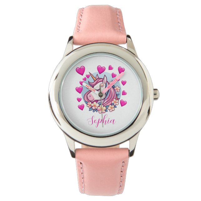 Reloj De Pulsera Corazón y flores rosas, unicornio corto, nombre pe (Anverso)