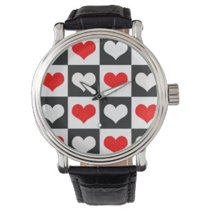 Reloj De Pulsera Corazones de cuadros rojos y blancos