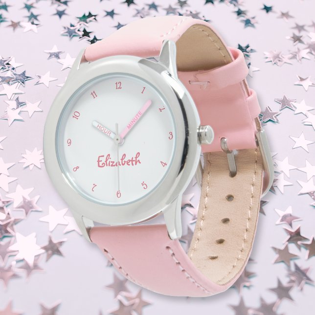 Reloj De Pulsera Corazones rosados Chicas Nombre personalizado Niño (Cute Pink Hearts Girls Custom Name Girly Chic Kids Watch)