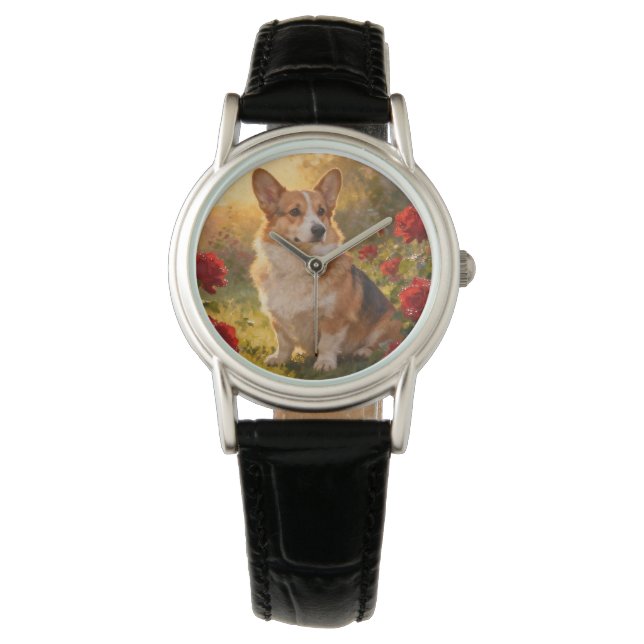 Reloj De Pulsera Corgi en las Rosas III (Anverso)