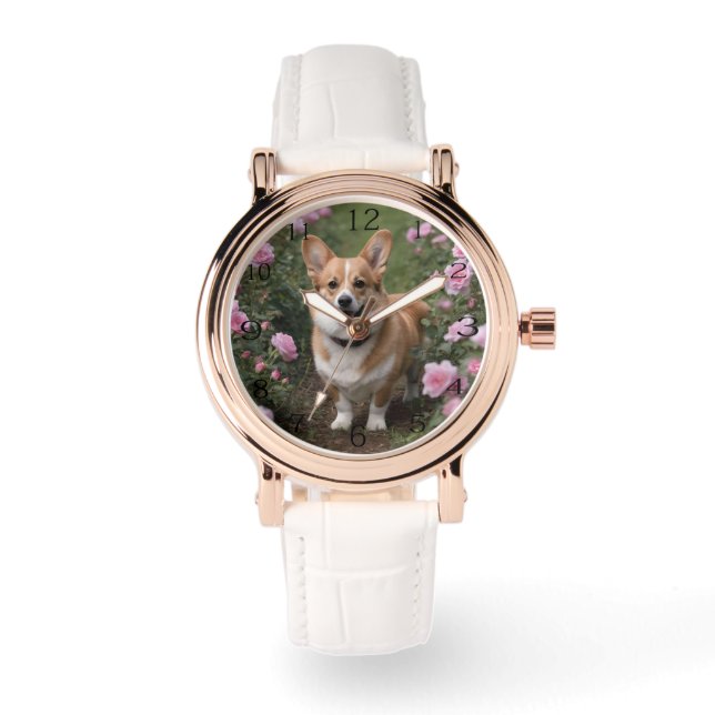 Reloj De Pulsera Corgi En Rosas Rosa, (Anverso)