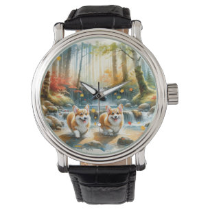 Reloj De Pulsera Corgi Perro En Una Corriente De Bosque Con Colores