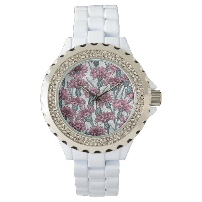 Reloj De Pulsera Cornflores rosas, flores silvestres en blanco (Anverso)