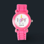 Reloj De Pulsera Corona de flores de unicornio lindo y personalizad<br><div class="desc">Con mi unicornio de cabello arcoiris, ilustracion de cabeza de corona con flores y lindos y somnolientos azotes. Dale un regalo especial y personalizado para su cumpleaños e incluya también a sus fiestas invitados uno de estos en su obsequio. Recuérdele su belleza y gracia con este elegante reloj rosa purpurinoso....</div>