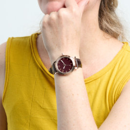 Reloj De Pulsera Correa de cuero con dial de Borgoña de lujo