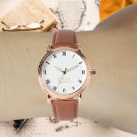 Reloj De Pulsera Correa de cuero marrón inicial de Rosa de oro para<br><div class="desc">Crea tu propio personalizado, personalizado, elegante y elegante fresco, elegante y elegante reloj de correa de cuero marrón de color dorado, negro y blanco, monogramado, mens retro oro rosa estilo vintage. Simplemente escriba su nombre / monograma / iniciales, al personalizar. Hace un gran regalo, para cumpleaños, graduación, día del padre,...</div>