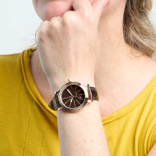 Reloj De Pulsera Correa de cuero marrón monogramada de oro para muj