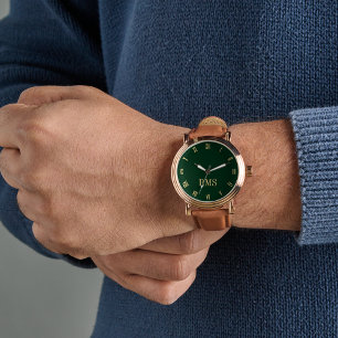 Reloj De Pulsera Correa de cuero marrón monogramada de oro verde pa