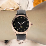 Reloj De Pulsera Correa de cuero negro inicial de la cosecha de oro<br><div class="desc">Crea tu propio personalizado, personalizado, elegante y elegante fresco, elegante y elegante horario de faux, oro y negro, monogramado, mens rosa retro estilo vintage estilo reloj de correa de cuero negro. Simplemente escriba su nombre / monograma / iniciales, al personalizar. Hace un gran regalo, para cumpleaños, graduación, día del padre,...</div>