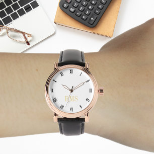 Reloj De Pulsera Correa de cuero negro inicial del Rosa de oro de l