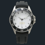 Reloj De Pulsera Correa de goma negra monogramada para hombres depo<br><div class="desc">Personalizado, personalizado, reloj de pulsera del protector de la corona montado en oro falso, de goma negra, esporádica, escarpado, esporádico, resistente, funda de aleación. Simplemente escriba las iniciales. Adelante, crea un maravilloso reloj de personalizado para los hombres especiales en tu vida - papá, novio, esposo, hermano, abuelo, novio. Hace un...</div>