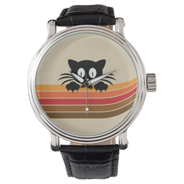 Reloj De Pulsera Cortar gato negro con rayas retro (Anverso)