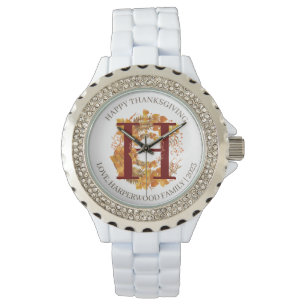 Reloj De Pulsera Cosecha de Caída en Monograma Simple Feliz Día de 