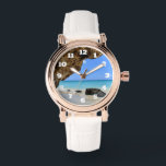 Reloj De Pulsera Costa Tropical de Playa con Roca Grande<br><div class="desc">Un reloj con una fotografía panorámica de la naturaleza. Bonito mar azul turquesa con una playa de arena. Una gran roca marrón da sombra al cielo azul intenso.</div>