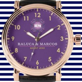 Reloj De Pulsera Couple names His and Her elegant purple monogram