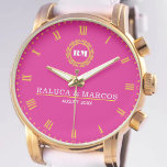 Reloj De Pulsera Couple Names Monogram Minimal Style Pink<br><div class="desc">Couple Names Monogram Minimal Style Pink Background, Yellow Roman Numerals Celebrate love with this minimalist custom monogram watch, featuring a soft pink background and elegant yellow Roman numerals. This personalized timepiece is designed for couples who appreciate modern simplicity and timeless elegance. Customizable with your names or initials, it makes an...</div>