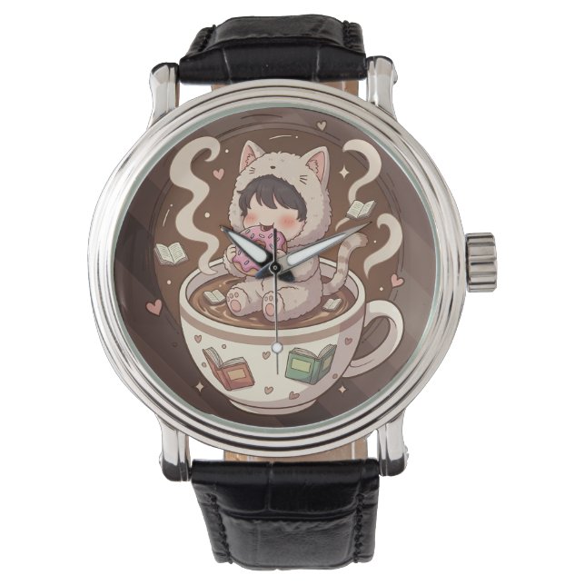 Reloj De Pulsera Cozy Cat Coffee Adventure Art (Anverso)