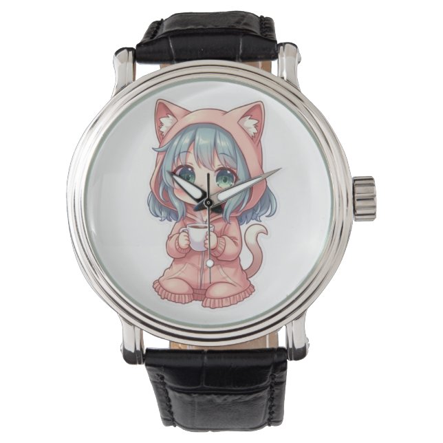 Reloj De Pulsera Cozy Kawaii Anime Girl with Cat Hoodie – Hot Drink (Anverso)