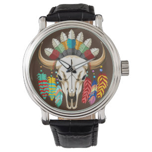 Reloj De Pulsera Cráneo de Búfalo Emblema Nativo Americano