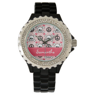 Reloj De Pulsera Cráneo personalizado de las rosas fuertes y del