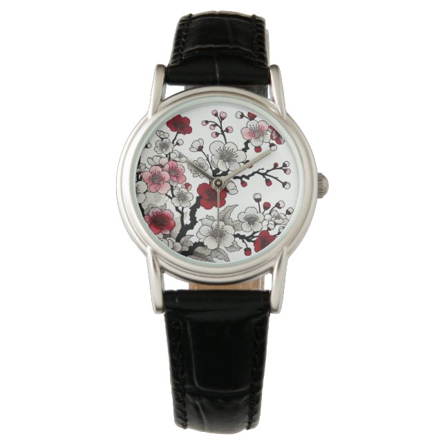 Reloj De Pulsera Crimson Blossom Elegance - Flora de inspiración ja (Anverso)