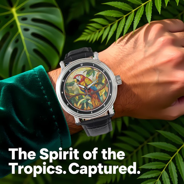 Reloj De Pulsera Crimson Jungle Time" - Stained Glass Red Parrot (Subido por el creador)
