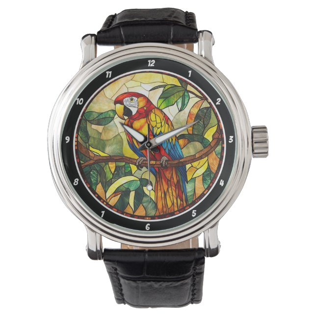 Reloj De Pulsera Crimson Jungle Time" - Stained Glass Red Parrot (Anverso)