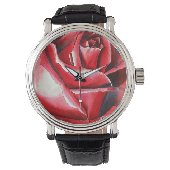 Reloj De Pulsera Crimson Red Rose acuarela original macro (Anverso)