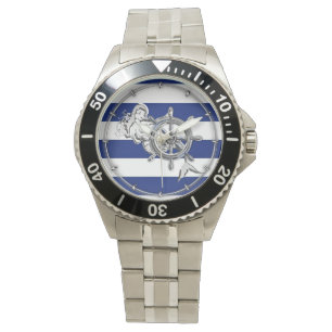 Reloj De Pulsera Cromado como sirena en franjas náuticas
