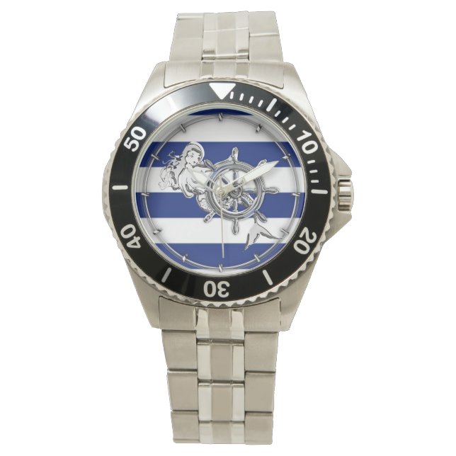 Reloj De Pulsera Cromado como sirena en franjas náuticas (Anverso)