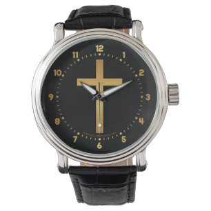 Reloj De Pulsera Cruz cristiana básica de oro en negro