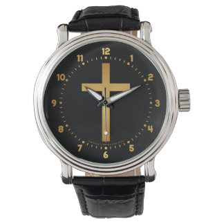 Reloj De Pulsera Cruz cristiana básica de oro en negro