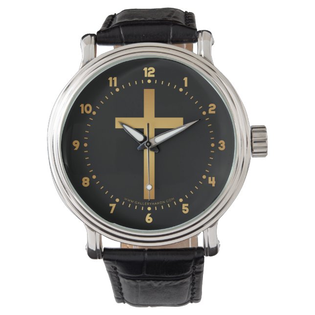 Reloj De Pulsera Cruz cristiana básica de oro en negro (Anverso)
