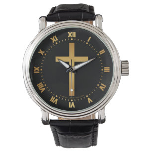 Reloj De Pulsera Cruz cristiana básica de oro en negro