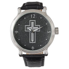 Reloj De Pulsera Cruz cristiana de tono plateado sobre espuma negra