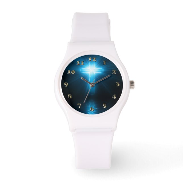 Reloj De Pulsera Cruz cristiana en luz azul (Anverso)