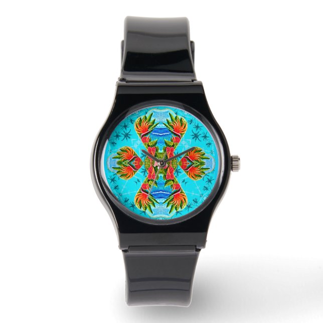 Reloj De Pulsera Cruz de Aves de Paraíso de Hawái (Azul) (Anverso)