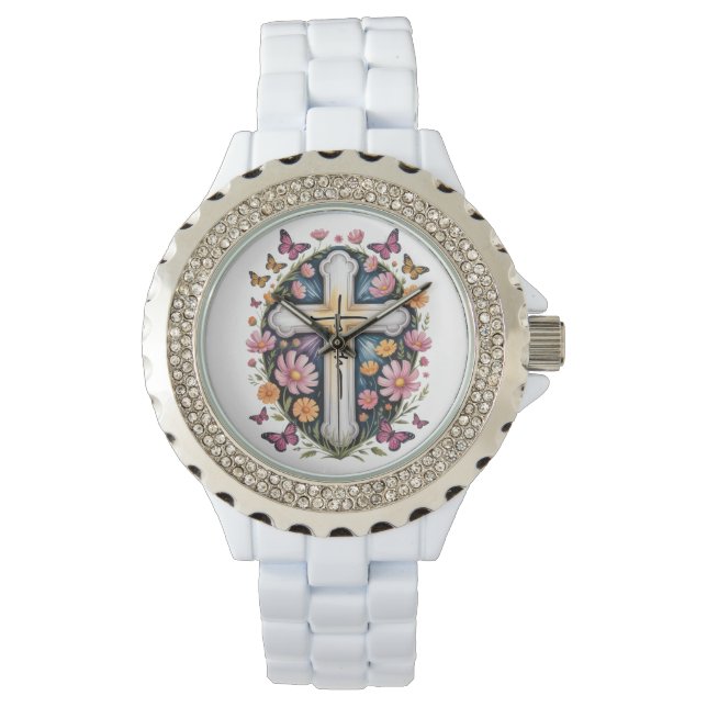 Reloj De Pulsera Cruz de fe floral (Anverso)
