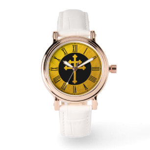 Reloj De Pulsera Cruz de Lorena dorada sobre negro / cristiano dora