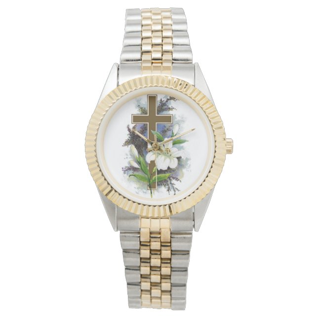 Reloj De Pulsera Cruz de oro con flor blanca (Anverso)