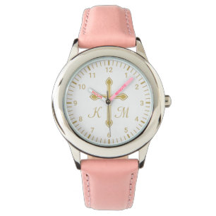 Reloj De Pulsera Cruz de oro simple cristiana en Monogramo blanco