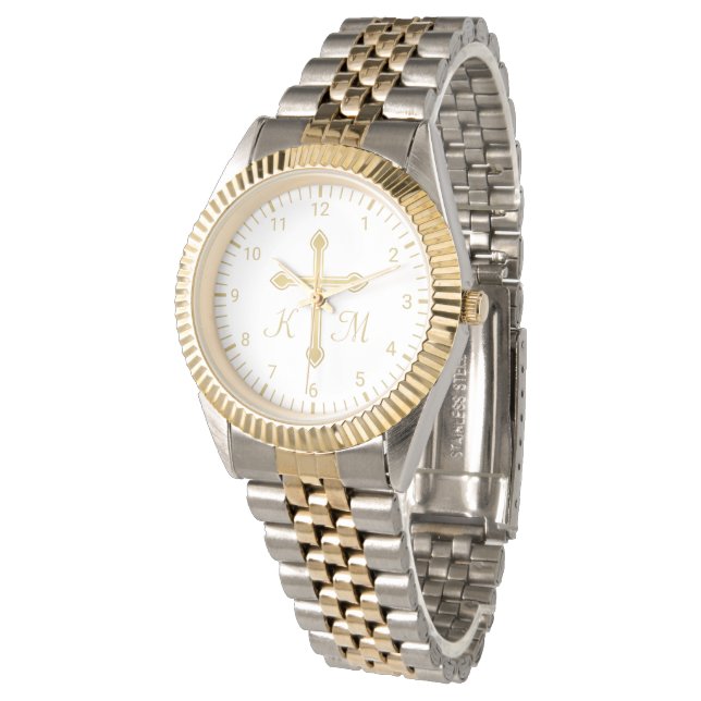 Reloj De Pulsera Cruz de oro simple cristiana en Monogramo blanco (Angular)