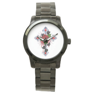 Reloj De Pulsera Cruz de Plata con una Rosa Roja