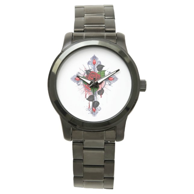Reloj De Pulsera Cruz de Plata con una Rosa Roja (Anverso)