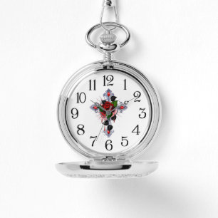 Reloj De Pulsera Cruz de Plata con una Rosa Roja