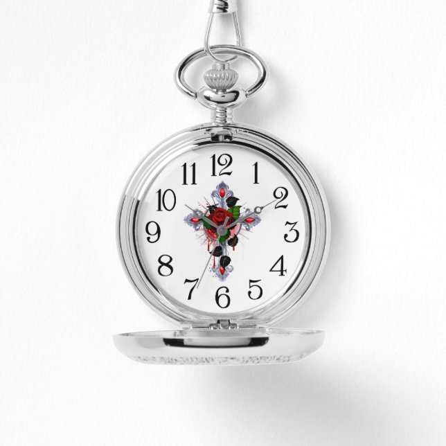 Reloj De Pulsera Cruz de Plata con una Rosa Roja (Anverso)