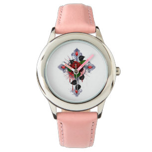Reloj De Pulsera Cruz de Plata con una Rosa Roja