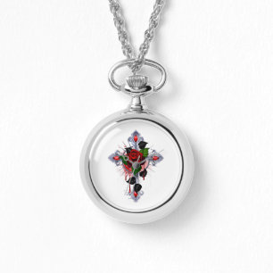 Reloj De Pulsera Cruz de Plata con una Rosa Roja