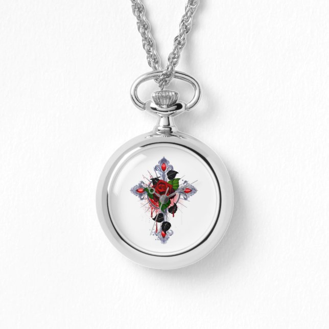 Reloj De Pulsera Cruz de Plata con una Rosa Roja (Anverso)